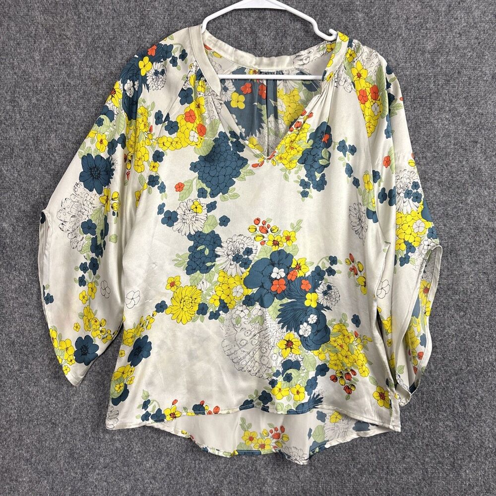 d. Viereck Top Blouse  Womens Size M Cream Floral Silk Artsy Stylish Feminine